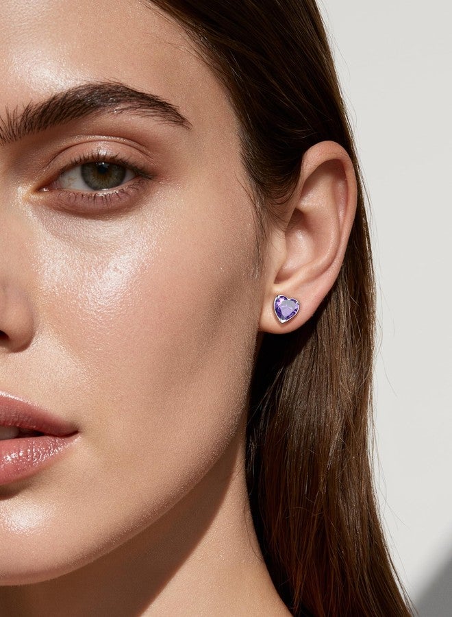 KeyStyle Amethyst Birthstone Earrings for Women,Heart Stud Earrings with 925 Sterling Silver Posts & Push Backs,8mm/2 Carat Cubic Zirconia Stud Earrings,Birthday Party Gifts Birthday Jewelry - Image 3
